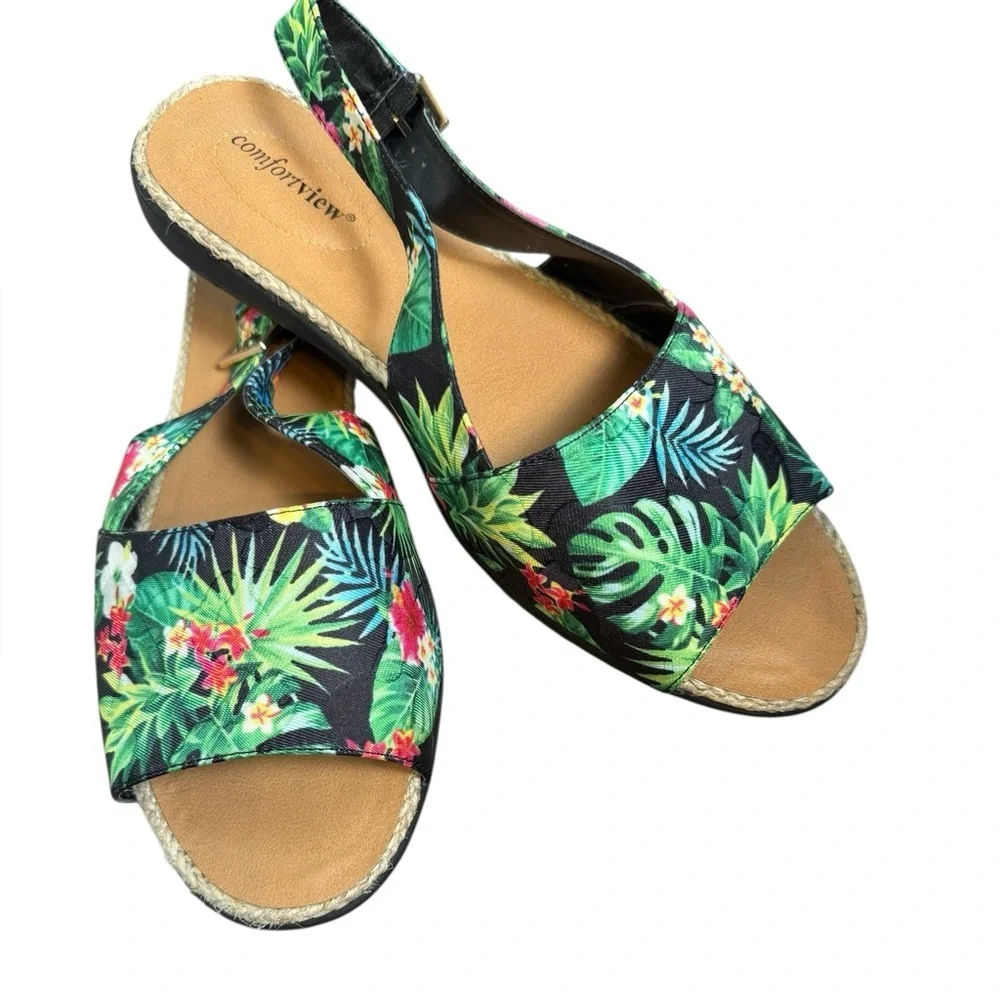 Cory View Sandals Green Floral Print Wide Width Size 12WW - Picture 1 of 11